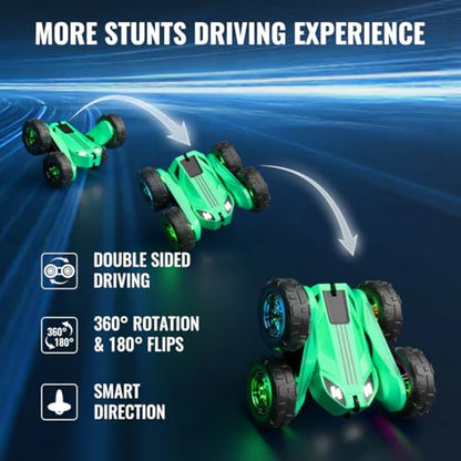 MaxTronic Fast Direct Charging Remote Control Car with LED，Exclusive Dual USB-C Charging for Car & Controller - 2.4Ghz 15km/h 360° Flips Rotations 4WD RC Stunt Car Fully Rechargeable for Kids 3-12 - color: Green