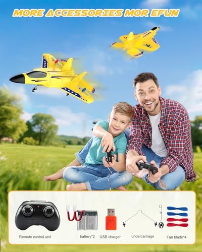 ANTSIR F22 RC Plane Easy to Fly Foam Jet Toy Gift for Kids Beginner, Yellow | 2.4GHz, 2CH, Gyro Stabilizer, LED Light, 2 Rechargeable Batteries, Boys 1th RC Glider - color: Yellow F22-2 Batteries Kf