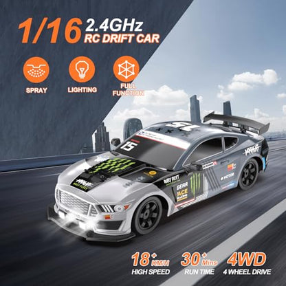 Dollox Remote Control Car 1/16 Scale RC Drift Car 2.4GHz 4WD High Speed 18+KM/H Vehicle with LED Lights and Spray, Extra Drifting Tires Racing Vehicle Toys Birthday Gifts for Adults Boys, 2 Batteries - color: Grey
