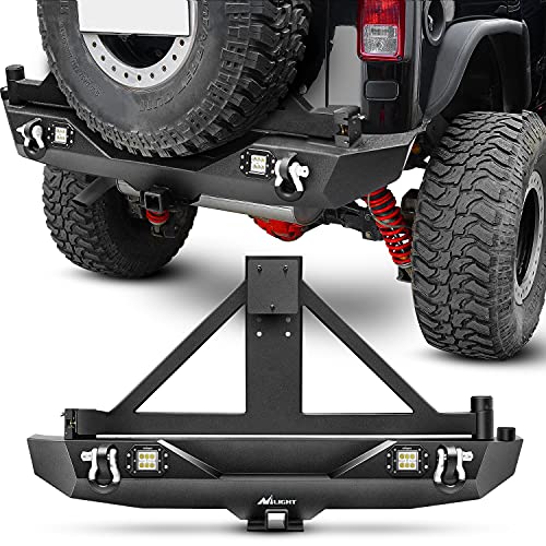 Nilight Rear Bumper & Spare Tire Rack & Hitch Receiver w/2 LED Lights Compatible for 2007-2018 Wrangler JK for 2007-2018 Wrangler JK & Unlimited - color: Rear Bumper&Spare Tire Rack