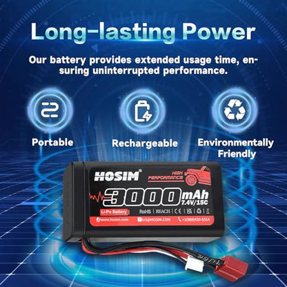 Hosim 2PCS 7.4V 15C 3000mAh Lipo Battery RC Lipo Batteries with 2 USB Chargers & 1 Battery Strap for Brushless RC Car Remote Control Car Truck RC Boat Battery