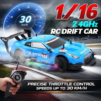Remote Control Car RC Drift Car 1:16 Scale 4WD RC Vehicle with LED Lights 2.4GHz 30km/h RTR High Speed Racing Sport Toy for Adults Boys Girls Kids Gift 2Pcs Rechargeable Battery - color: Blue