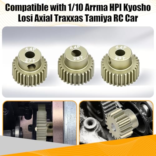 64P Pinion Gear 3.175mm Shaft 7075 Aluminum Alloy Motor Gears,0.6 Metric Pitch 27 28 29T with 1/8 Hole Pinion Gear Compatible with 1/10 Arrma HPI Kyosho Losi Axial Traxxas Tamiya RC Car - size: 27 28 29T