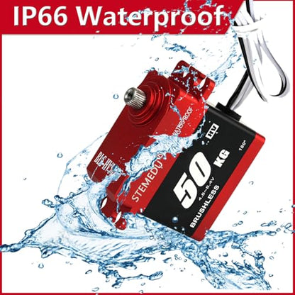 BLS-HV50MG 50KG Brushless Digital Servo, Waterproof IP66, 0.08s/60° & 53kg·cm Torque, All-Metal Case for 1/8 1/10 1/12 RC Car Boat DIY (180°) - style: Red 50KG - 180 Degree