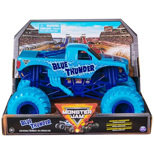 Monster Jam Blue Thunder Monster Truck- New 2024 Aqua Color Scheme - 1:24 Scale Die-Cast Vehicle-Chrome Rims and BKT Tread Tires for Use in All Playsets-Collectible for Fans & Birthday Parties