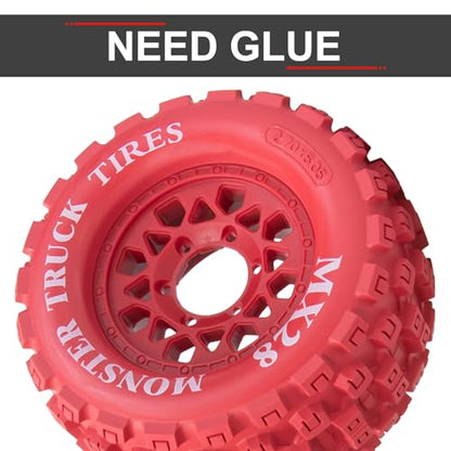 LRFHL MX28 F/R 2.8" RC Monster Truck Tires and Wheels 4PCS, Red | 12mm/14mm Hex Adapter, 1/10 RC Monster Truck, Compatible with Traxxas Stampede Rustler Redcat Arrma Vorteks Big Rock Granite - color: Red Tires+ Red Wheel-7