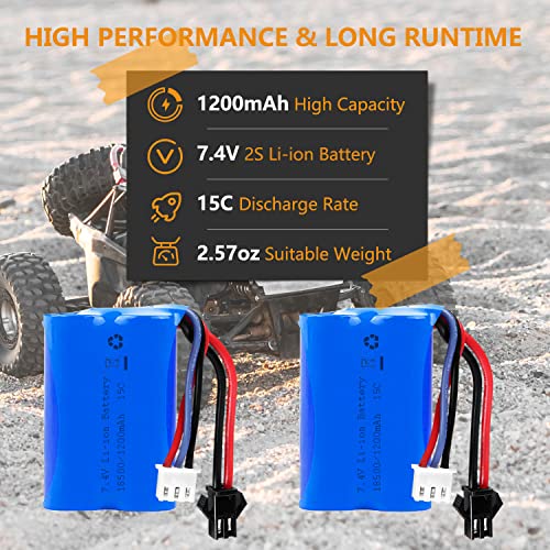 H101 RC Boat Battery 7.4V 1200mAh Li-ion Battery SM2P Plug with 1 to 2 USB Charger Compatible with Most RC Boat RC Cars Trucks Rechargeable Batteries 2PACK