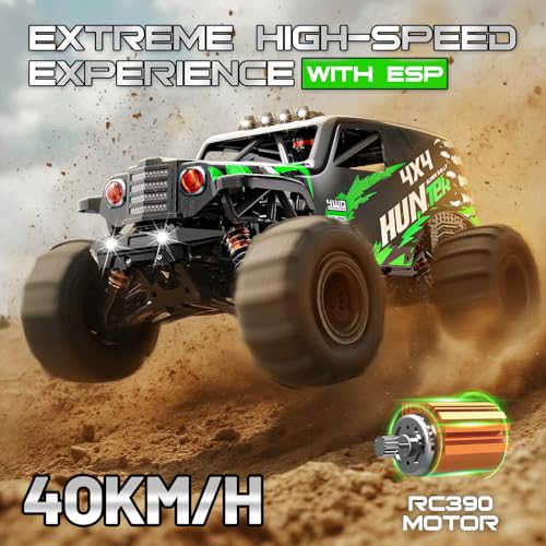 RC Cars 1:14 Scale 4WD Off-Road Monster Truck Rc, 40+ KM/H 4X4 Waterproof ESC Remote Control Car with Dual 7.4V 1300mAh Batteries, Extra Paddle Tires & Full Roll-Cage Frame for Adults & Boys