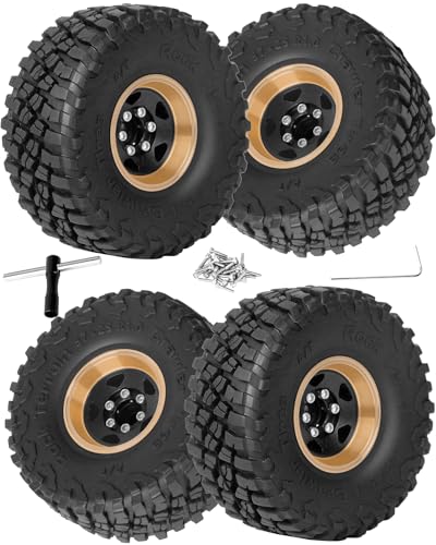 1.0in Beadlock RC Wheels and Tires for 1/18 Trx4m,1/24 SCX24 RC Crawler Car,1.0 Beadlock Rims & 1.0 Beadlock Tires,Brass Wheels Soft Sticky Rubber Tires,4PCS(Style A)