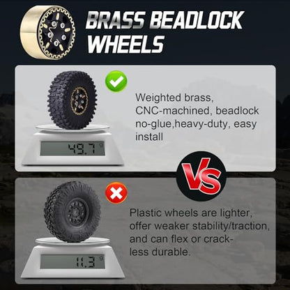Hobbypark Brass 1.0 Beadlock Wheels and Tires for TRX4M Upgrades Axial SCX24 1/24 RC Crawler Replacement Parts, Set of 4 (Type A) - style: Type A