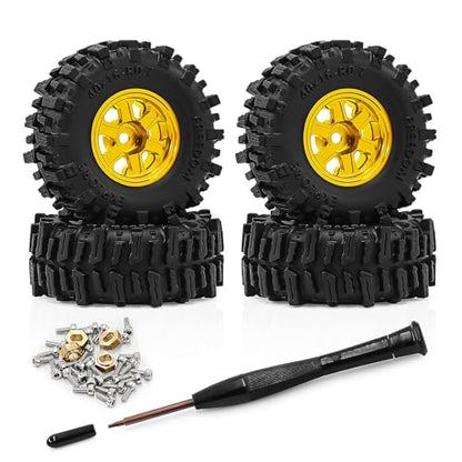0.7 Inch RC Crawler Tires and Wheels Set 40×16mm for 1/30 Scale Axial SCX30 (Golden) - color: Golden