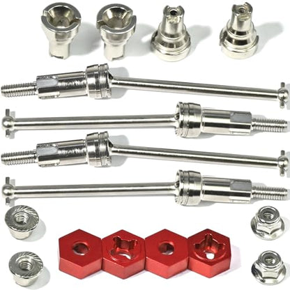 Hardened Steel CVD Driveshaft Front Rear with Hexs, Nuts, Drive Center Cup, Drivershaft Dogbone CVD Compatible with ARRMA 1/18 Mojave Granite GROM ARA2102, Replace #ARA311198 (Silver,Red) - color: Silver-red