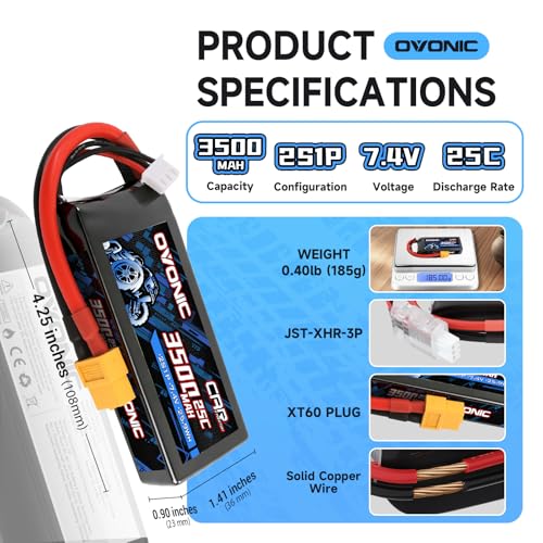 OVONIC 2S Lipo Battery 7.4V 3500mAh 25C with TRA Connector for RC Car Truck Vehicles Boat Drone Airplane Quadcopter Helicopter FPV Racing Hobby Models Pro Truck Boat Jet Basher 2 Batteries