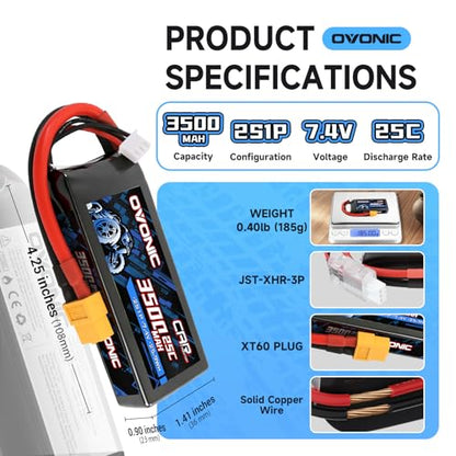 OVONIC 2S Lipo Battery 7.4V 3500mAh 25C with TRA Connector for RC Car Truck Vehicles Boat Drone Airplane Quadcopter Helicopter FPV Racing Hobby Models Pro Truck Boat Jet Basher 2 Batteries