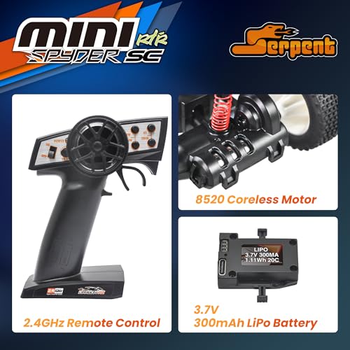 Serpent Mini Spyder 1/24 Scale RC Car with Gyro, 20km/h High Speed | Electric Powered RTR Off-Road Remote Control Car, 2.4GHz Short Course Truck, High Performance with 1 Battery 1 USB Data Cable - style: 430002