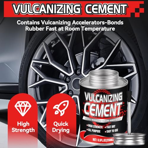Chemical Vulcanizing Cement – Fast Dry Rubber Cement, All Purpose Tire Repair Glue, Tire Patch Kit with Brush – 8.5 FL.Oz for Car, Motorcycle, Bike (Rubber)