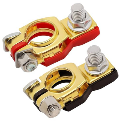 Car Battery Terminal Connector, 1 Pair Top Post Battery Cable Terminal Clamp Set with 2PCS Washers, Positive Negative Auto Cable Post Adapter, Compatible with Auto Truck RV (Red/Black Gold) - color: Red/Black/Gold, size: 1Pair
