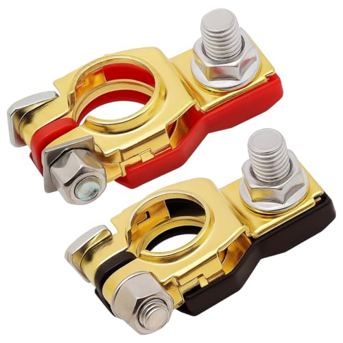 Car Battery Terminal Connector, 2 Pair Top Post Battery Cable Terminal Clamp Set with 4PCS Washers, Positive Negative Auto Cable Post Adapter, Compatible with Auto Truck RV (Red/Black Gold) - color: Red/Black/Gold, size: 2Pair