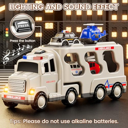 JUKUDAHU 5-in 1 Play Ambulance Toy, Toddler Truck Toys for Boys Ages 3-8 | Friction Powered Vehicle with Light and Sound, Police Car, Fire Truck, Ambulance, Helicopter, Birthday Gifts for Kids Ages 3+ - style: 5 IN 1 Ambulance Truck