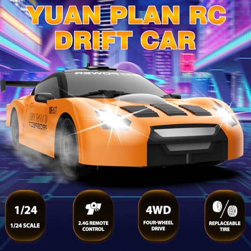 RC Drift Car 1/24 2.4GHz Remote Control Car 4WD High Speed Drifting RC Cars with LED Light and Drift Tires Racing Toy Cars for Boys Girls Kids Adults (Orange) - color: F.orange