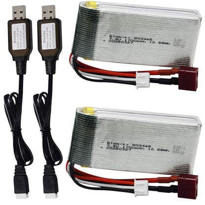 Blomiky 2 Pack 7.4V 1600mAh 12.58Wh 30C Lipo Battery with T Plug and USB Cables for 1:10 Scale 200E 9200 9200E 9205E 9206E RC Trucks