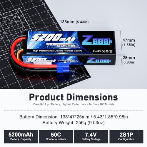 Zeee 2S 5200mAh Lipo Battery 7.4V 50C with EC3 Plug (2 Pack) | Hard Case Battery compatible with 1/8 1/10 RC Vehicles Car Slash RC Buggy Truggy Airplane UAV Drone