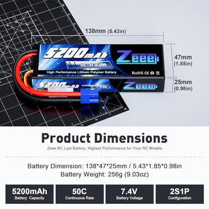 Zeee 2S 5200mAh Lipo Battery 7.4V 50C with EC3 Plug (2 Pack) | Hard Case Battery compatible with 1/8 1/10 RC Vehicles Car Slash RC Buggy Truggy Airplane UAV Drone
