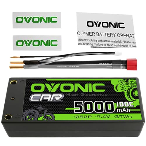 OVONIC 2S Shorty Lipo Battery 100C 5000mAh 7.4V Lipo Battery with 4mm Bullet Dean-Style T Connector for 1/8 1/10 RC Car Truck Boat Vehicles [3.74" D x 1.81" W x 0.98" H ]
