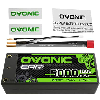 OVONIC 2S Shorty Lipo Battery 100C 5000mAh 7.4V Lipo Battery with 4mm Bullet Dean-Style T Connector for 1/8 1/10 RC Car Truck Boat Vehicles [3.74" D x 1.81" W x 0.98" H ]