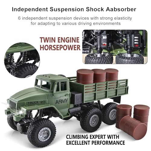 JPJCOOY RC Military Truck 6x6 Road Remote Control Car 1/16 Scale Remote Control Truck 4WD All Terrain Rock Army Transport Vehicle Toy Vehicle for Kids Children Boy Gift