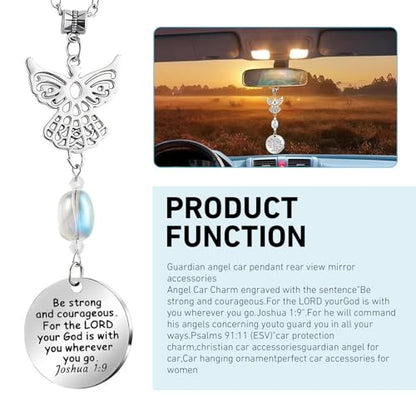 1 PC Angel Rear View Hanging Charm, Angel Wings Rear View Mirror Charm Ornament, Stainless Steel Car Interior Hanging Decoration Accessories, Universal for Most Cars and Home (Silver)