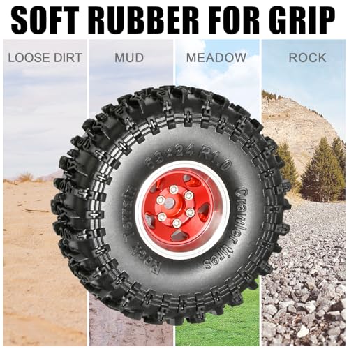 1.0 Beadlock Wheel Soft Tire Set RC Upgrade Part for Traxxas 1/18 TRX4M 1/24 RC Crawlers car Axial SCX24 FMS FCX24 Gladiator Bronco C10 JLU Deadbolt B17 Upgrade.(4Pcs/Set) - color: Red