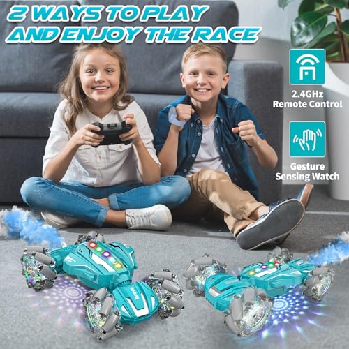 Gesture Sensing RC Stunt Car, Boys Toys Age 6-12, 4WD Hand Controlled Remote Control Car with Light & Music, 360°Rotation Christmas Birthday Gift for Boys Girls Age 6 7 8 9 10 11+(Lagon Blue) - color: Silver