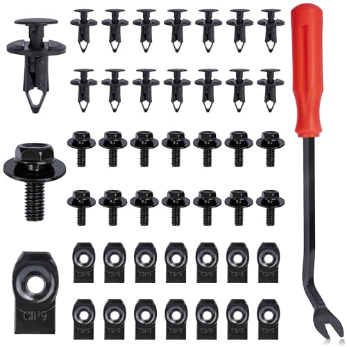 45PCS Engine Under Cover Splash Shield Guard Body Bolts Screws (Black) | Universal Style Bumper Fender Liner Push Retainer Fastener Rivet Clips, Compatible with Most Brand of Vehicles