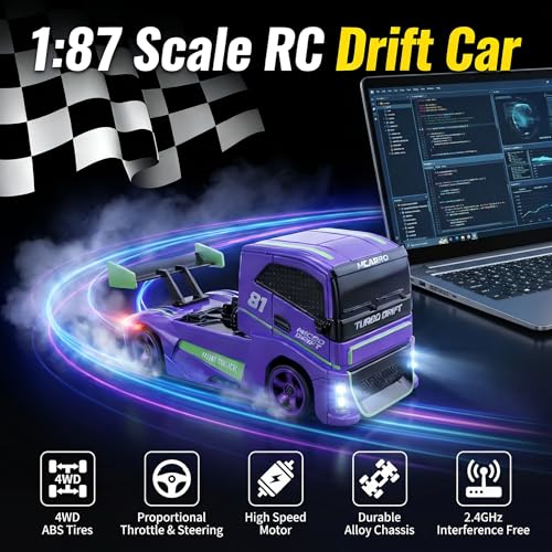 1/87 Scale Drift Rc Car - Semi-Truck Edition | 2.4GHz 4WD High-Speed Mini Remote Control Truck with Racing Lights (Gray)