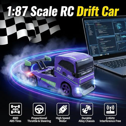 1/87 Scale Drift Rc Car - Semi-Truck Edition | 2.4GHz 4WD High-Speed Mini Remote Control Truck with Racing Lights (Gray)