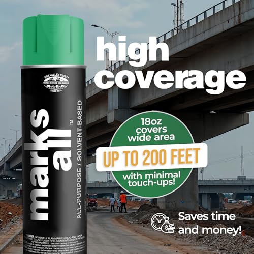 Fox Valley 18oz Marks All Solvent-Based Marking Paint Spray, 12-Pack Green APWA – Long-Lasting, Weather-Resistant Spray Paint for Wet or Dry Surfaces Like Metal, Grass, Concrete, Wood, & More - color: Green APWA