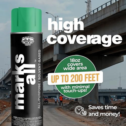 Fox Valley 18oz Marks All Solvent-Based Marking Paint Spray, 12-Pack Green APWA – Long-Lasting, Weather-Resistant Spray Paint for Wet or Dry Surfaces Like Metal, Grass, Concrete, Wood, & More - color: Green APWA