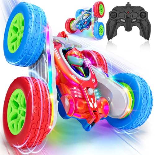 Remote Control Car, Kids Toys with Shiny Electroplated Finish, RC Cars Stunt Toy with LED Lights, 2.4GHz Double-Sided 360° Flips, USB-C Fast Charging, Perfect Birthday Xmas Gift Boys - color: Red&blue