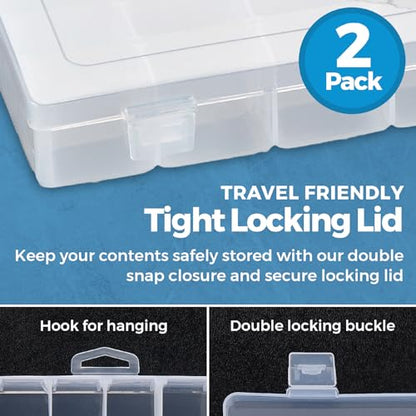 36 Grid Clear Plastic Organizer - Pack of 2- Bead Storage, Craft Organizer, DIY Small Parts Organizer, Jewelry Box, Fishing Tackle Box, Sewing, Nail Storage w/ Adjustable Dividers & 5 Sticker Labels