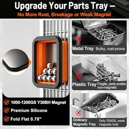 Collapsible Magnetic Parts Tray Set (2-Pack, S&M) - 1000-1200GS Strong Magnet, Silicone Foldable Tray for Screws, Bolts, Nuts, Washers - Ideal for Mechanics & Auto Repair (Orange)