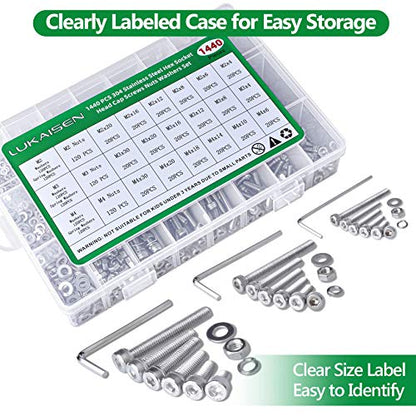 1440 Pcs M2 M3 M4 Hex Socket Head Screws Nuts Washers Kit, SS304 | Anti-Rust, With Flat Washers Spring Washers Bolts Assortment Kit with 3 Wrench, for Precision Machinery, 3D Printing & DIY - size: SS M2 M3 M4 1440pcs 3