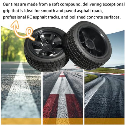 OD 2.65" On Road Rubber Tires Plastic Wheel Rims 12mm Hex for 1/10 RC Car | Compatible with MJX HSP Tamiya HPI Kyosho Traxxas Sakura Redcat WLtoys 1/10 RC On-Road Racing Touring Car (4pcs, Black) - style: C-Black