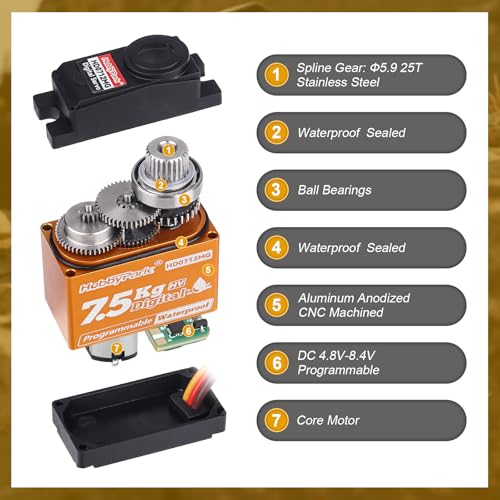 HobbyPark Waterproof 7.5kg High Torque RC Micro Servo Metal Gear Digital Arduino Servo for 1/18 TRX4M TRX4MT Redcat Ascent-18 Losi Mini LMT 1/10 TRX4 SCX10 RC Crawler RC Car Plane Boat Robot