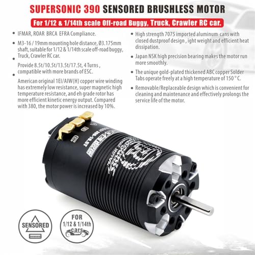1-3S Supersonic 390 Sensored Brushless Motor 8.5T/10.5T/13.5T/17.5T TS80 Pro 80A ESC for 1/12 1/14 Scale Off-Road Buggy Truck Crawler RC Car (Black 8.5T) - color: Black 8.5T