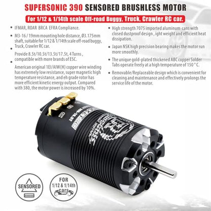 1-3S Supersonic 390 Sensored Brushless Motor 8.5T/10.5T/13.5T/17.5T TS80 Pro 80A ESC for 1/12 1/14 Scale Off-Road Buggy Truck Crawler RC Car (Black 8.5T) - color: Black 8.5T