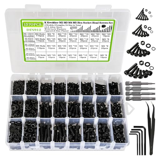 M2 M3 M4 M5 Hex Socket Bolt & Nut Assortment Kit, 1574Pcs | 12.9 Alloy Steel Zinc Plated Anti-rust; 24 Sizes 8–25mm Metric Screws with Lock Washers for 3D Printing DIY Machinery Repair - size: H. M2 M3 M4 M5