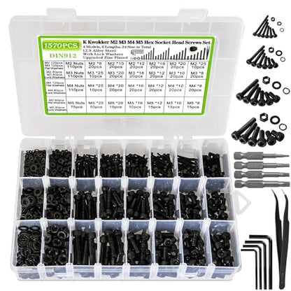 M2 M3 M4 M5 Hex Socket Bolt & Nut Assortment Kit, 1574Pcs | 12.9 Alloy Steel Zinc Plated Anti-rust; 24 Sizes 8–25mm Metric Screws with Lock Washers for 3D Printing DIY Machinery Repair - size: H. M2 M3 M4 M5
