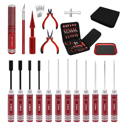 19Pcs RC Car Tool Kit Hex Screwdriver Set Nut Drivers Phillips Screwdrivers Plier Wrench Body Reamer for 1/8 1/10 Traxxas Axial Arrma DJI Drone Boat RC Repair Tool Kit Red - color: Red