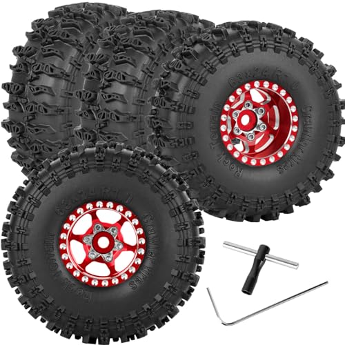 RC 1.0in Beadlock RC Truck Tires Wheels Tires for 1/18 1/24 Trx4m SCX24 RC Crawler.Aluminum 1.0in Beadlock Wheel Rim&1.0in Tires Tyres.Red(4PCS) - color: Red(4pcs）